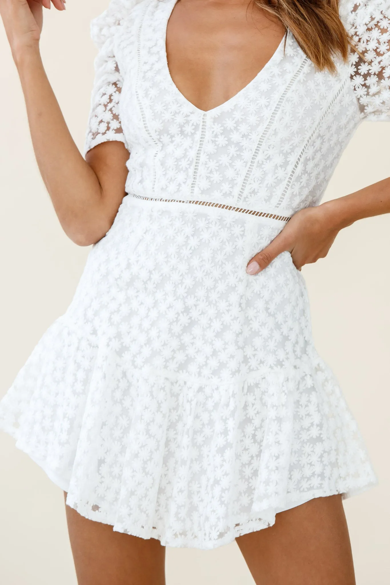 Adelia Ruched Puff Sleeve Floral Embroidery Dress White