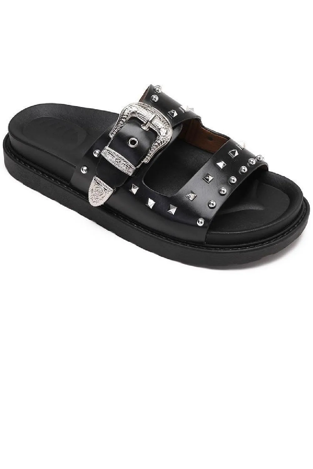 BLACK WESTERN BUCKLE STUDDED SLIDERS FLAT SANDALS