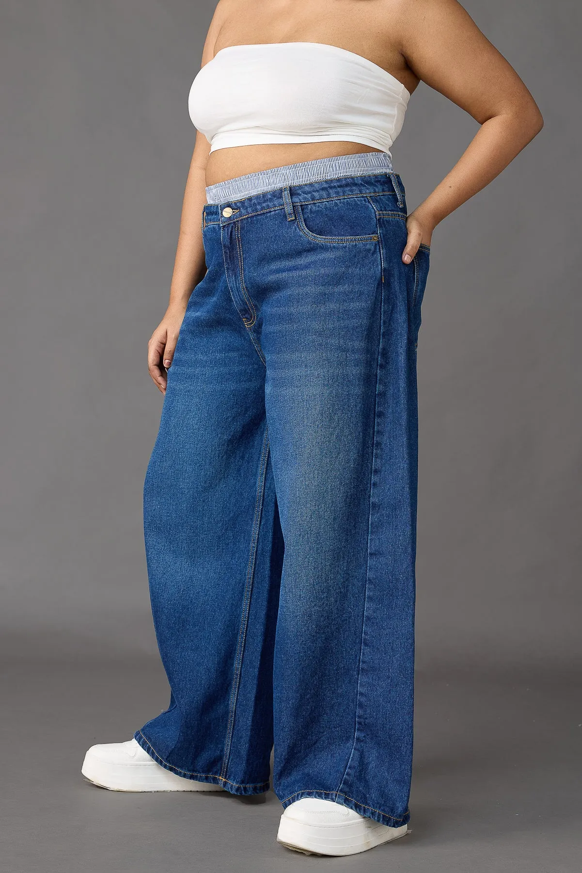 Curve Boxer Style Low Rise Wide Leg Jeans