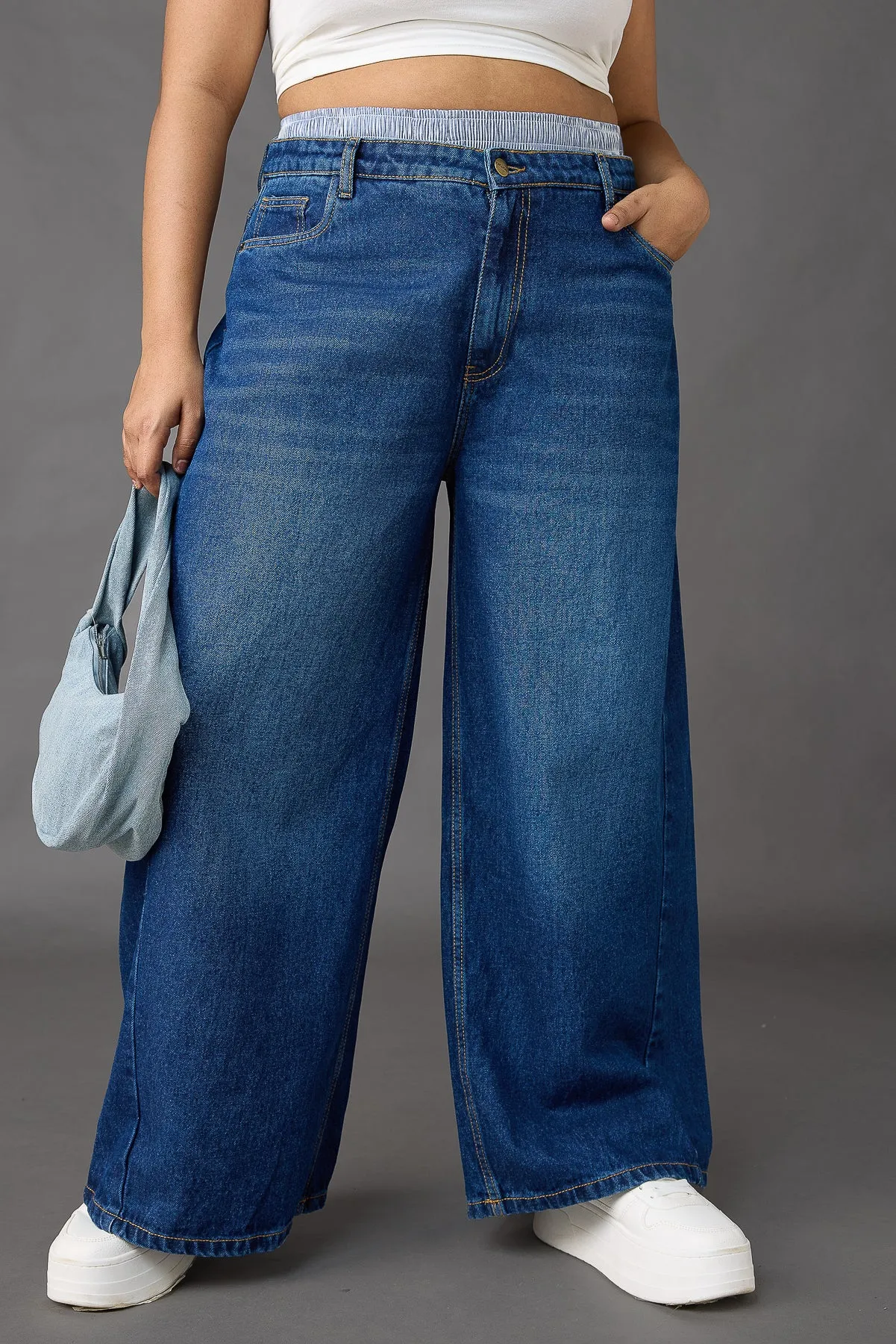 Curve Boxer Style Low Rise Wide Leg Jeans