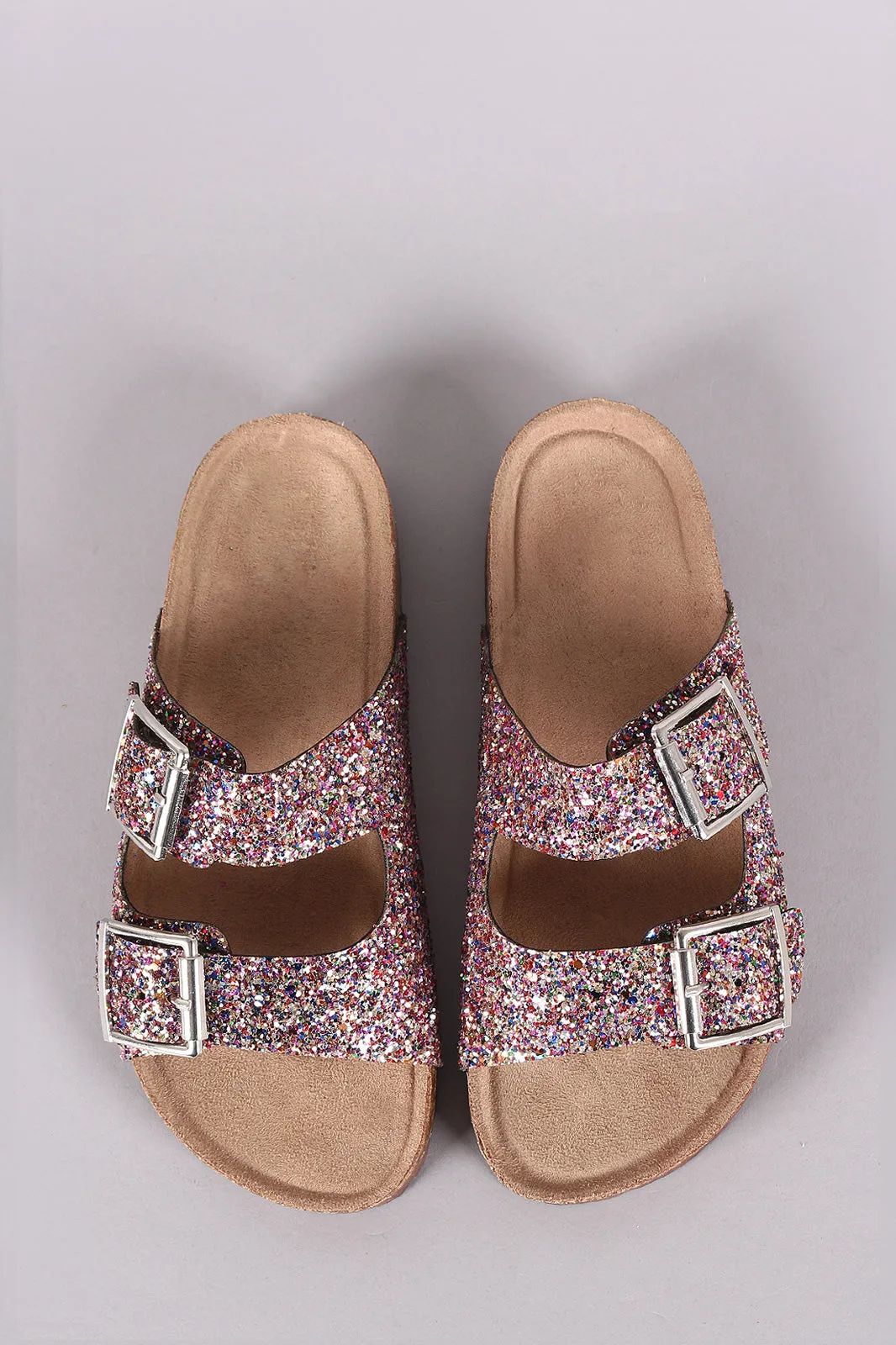 Glitter Double Buckle Strap Slide Sandal