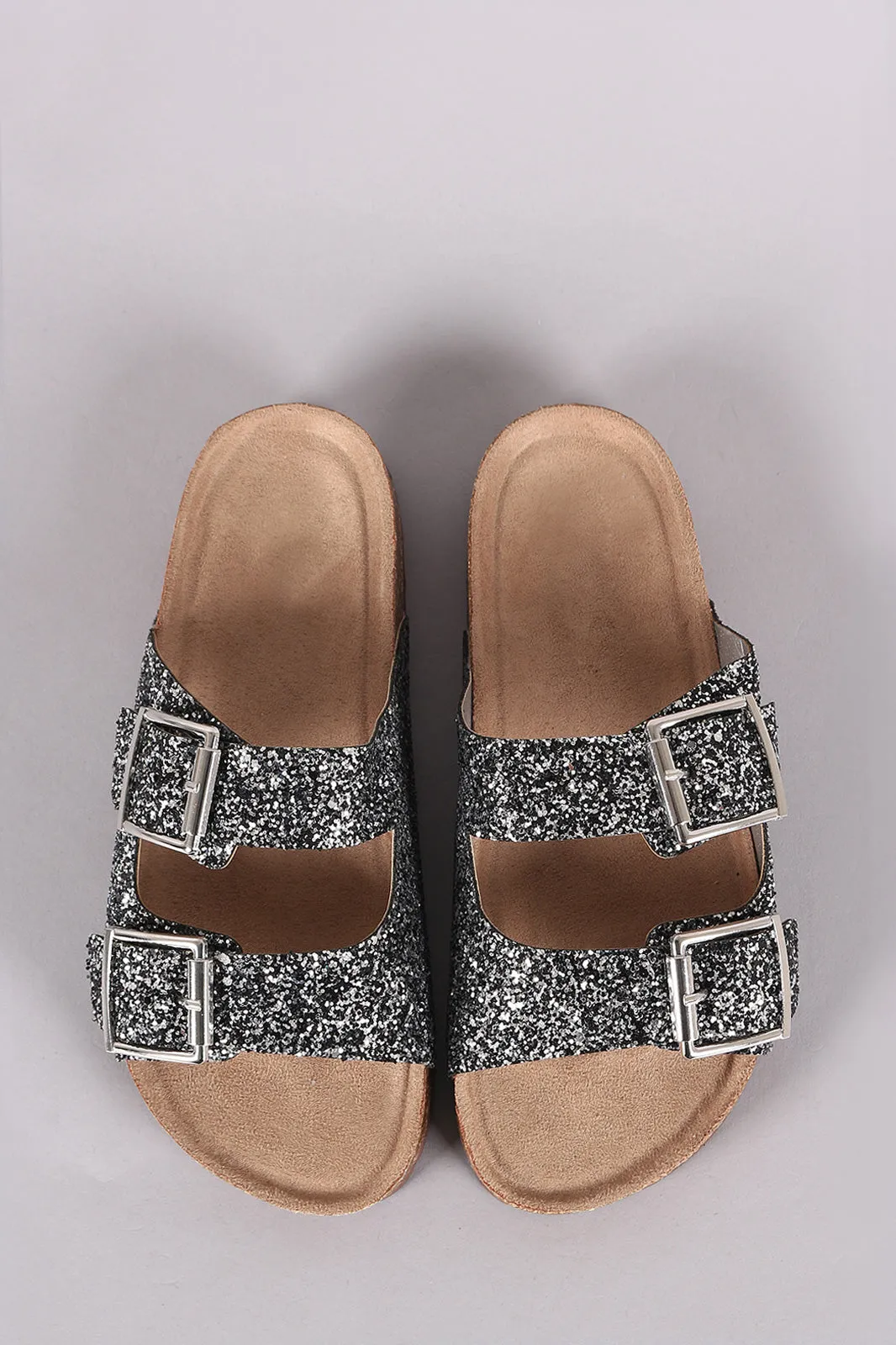 Glitter Double Buckle Strap Slide Sandal