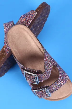 Glitter Double Buckle Strap Slide Sandal