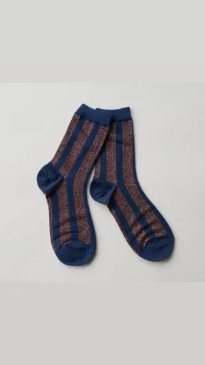 Glitter Striped Crew Socks in Navy & Gold