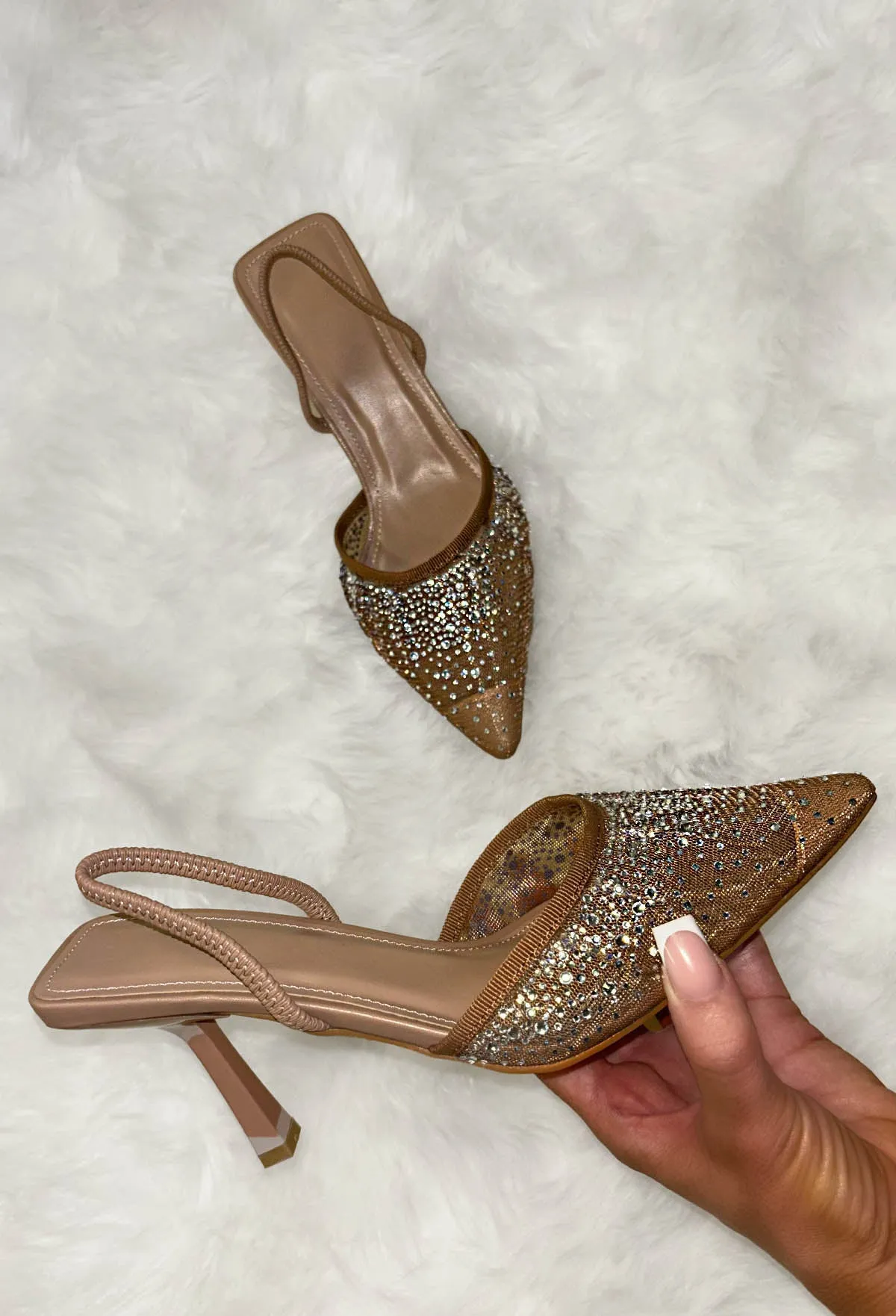 Into The Night Nude Diamond Embellished Mesh Slingback High Heels