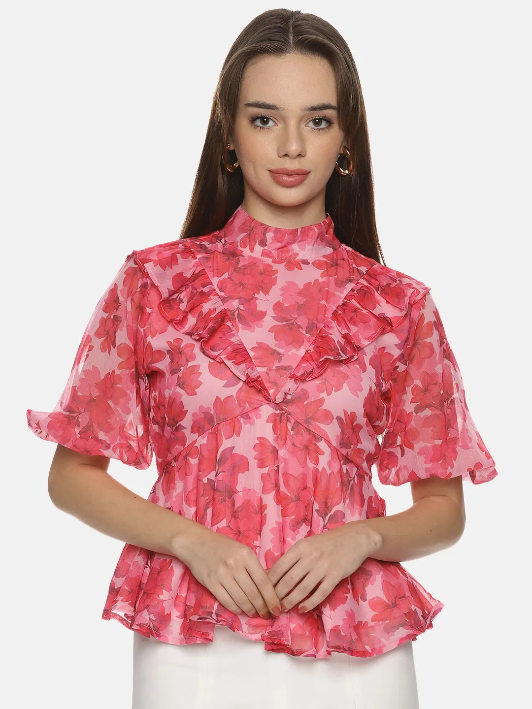 IS.U Floral Pink High Neck Peplum Top