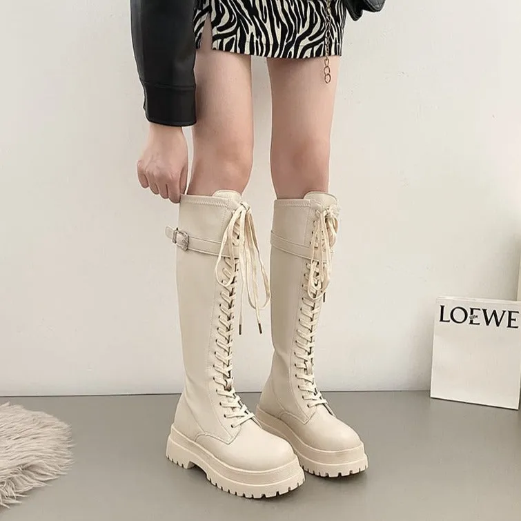 Korean Fashion Womens Knee High Lace Up Beige Combat Boots