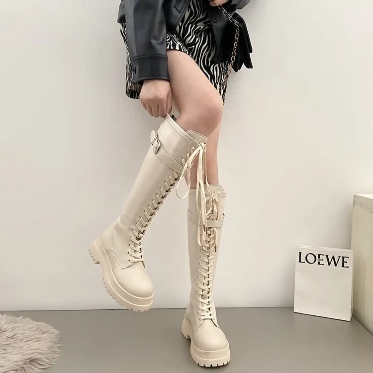 Korean Fashion Womens Knee High Lace Up Beige Combat Boots