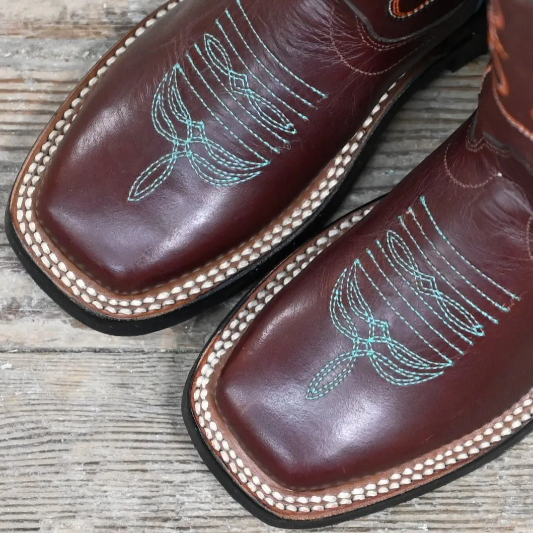 Olathe Kid's Tall Top Leather Boot In Chocolate W/Turquoise Piping