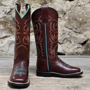 Olathe Kid's Tall Top Leather Boot In Chocolate W/Turquoise Piping