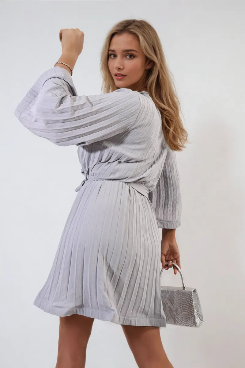 Pleated Tie Waist Mini Dress