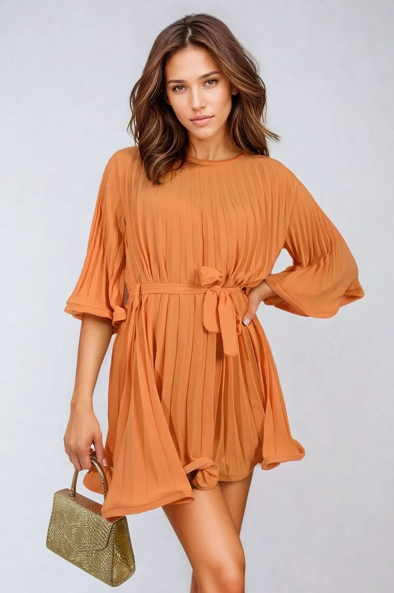 Pleated Tie Waist Mini Dress