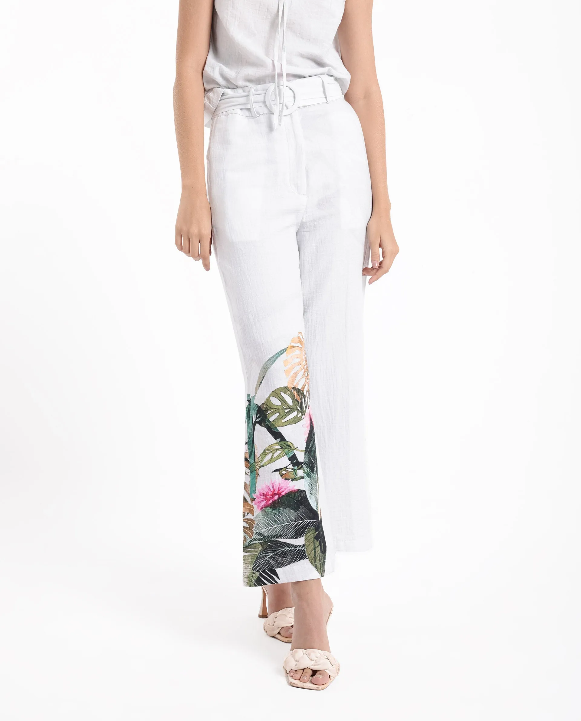 Rareism Women Yarani Off White Zipper Wide Fit Tropical Print Ankle Length Trouser