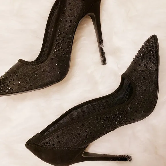 Sexy Black Mesh Rhinestone Crystal Court Heels SIZE US8