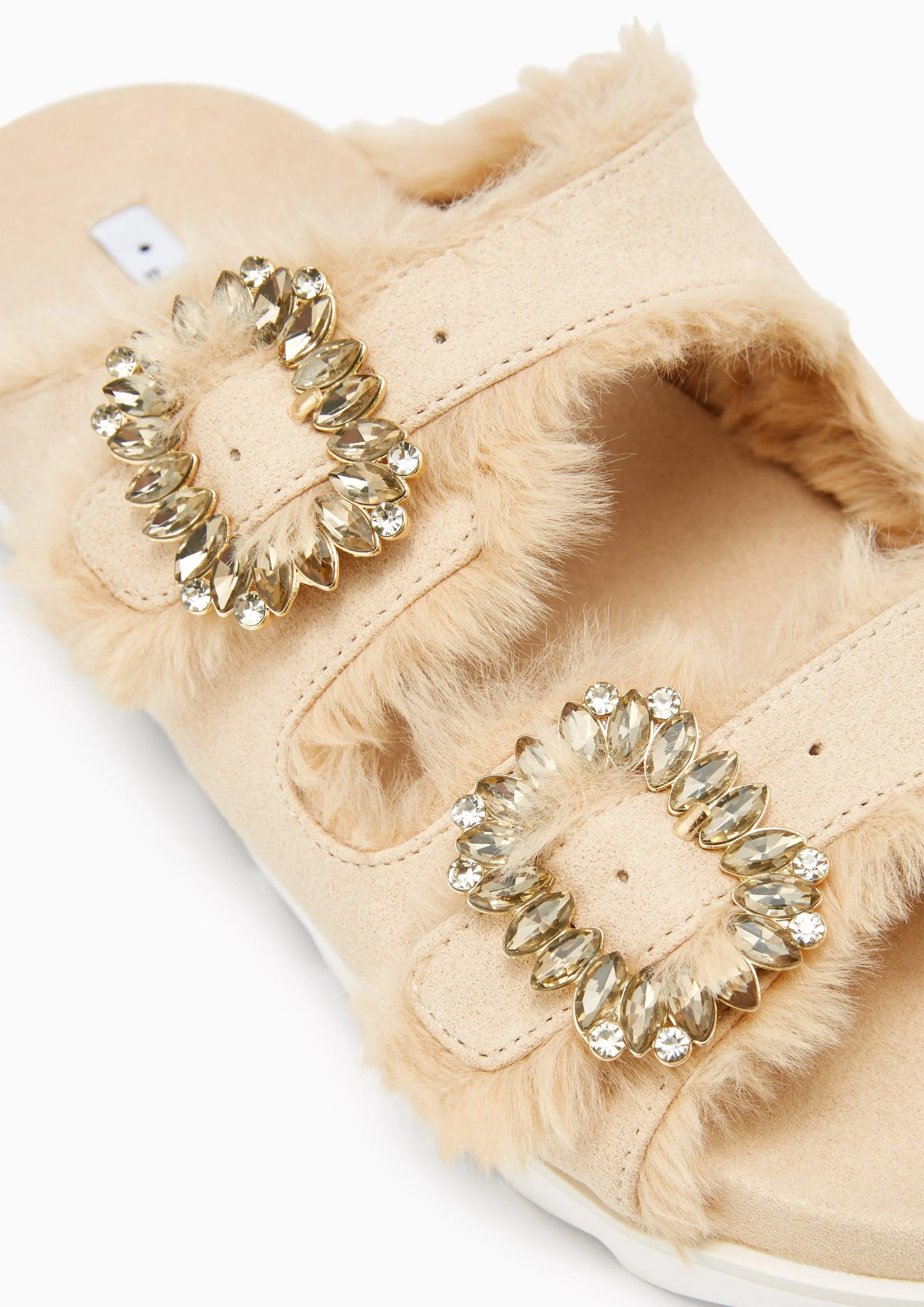 Veeni Furry Flat Sandals Beige