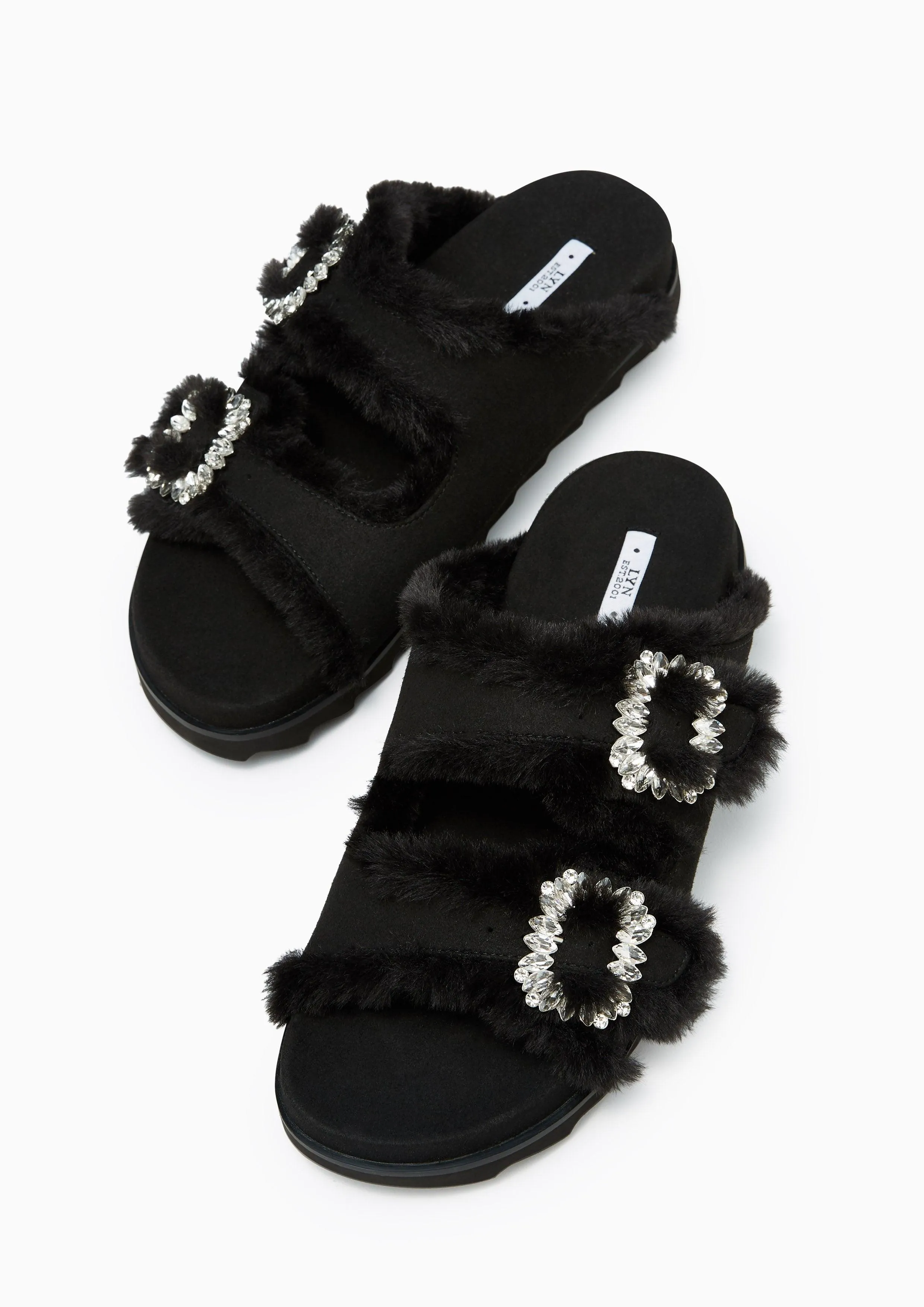 Veeni Furry Flat Sandals Black