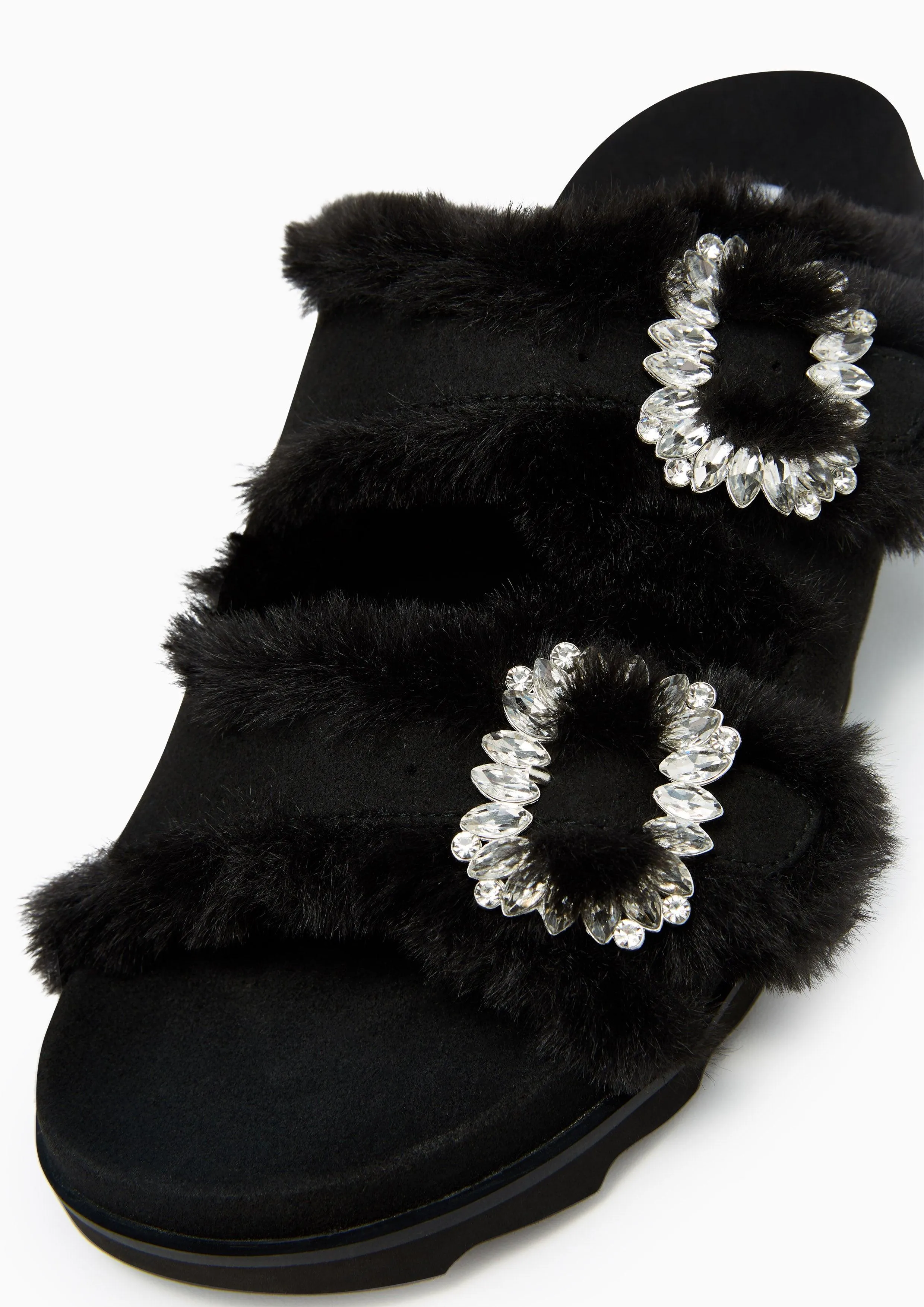 Veeni Furry Flat Sandals Black