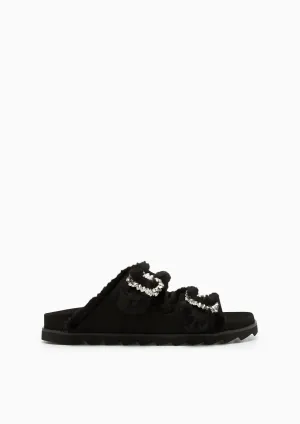 Veeni Furry Flat Sandals Black