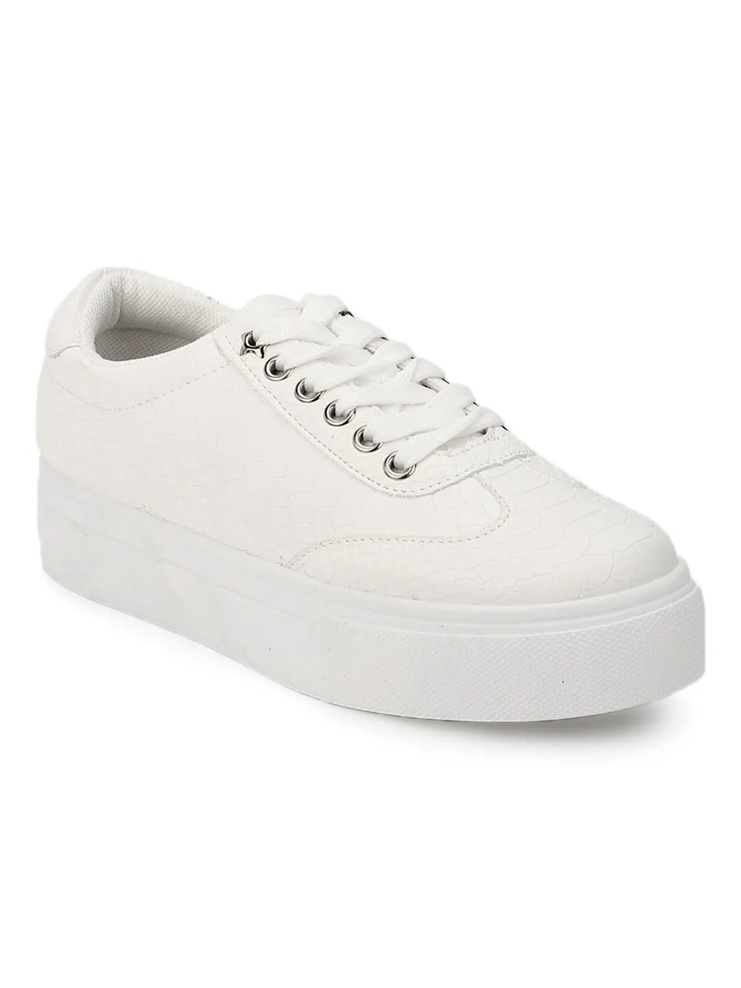 White PU Snake Skin Texture Lace-up Sneakers