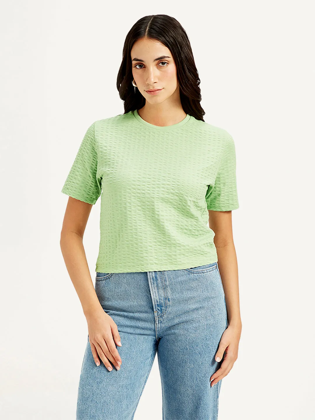 Women's Textured Light-Green Crew Neck Top