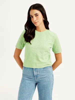 Women's Textured Light-Green Crew Neck Top