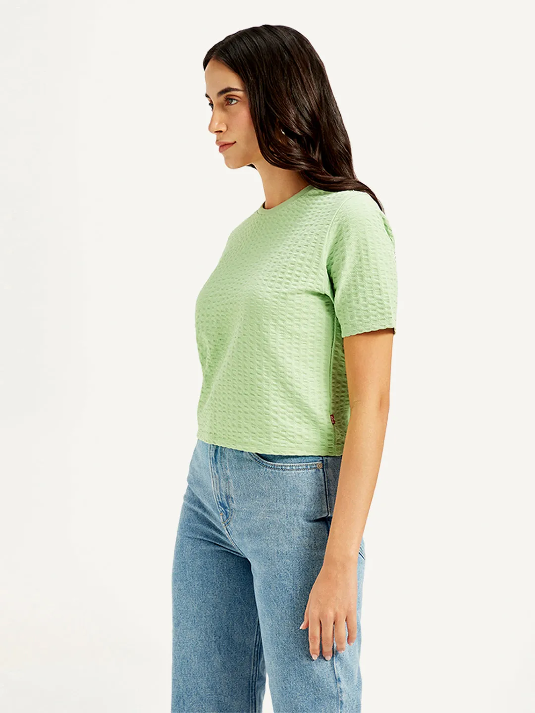 Women's Textured Light-Green Crew Neck Top