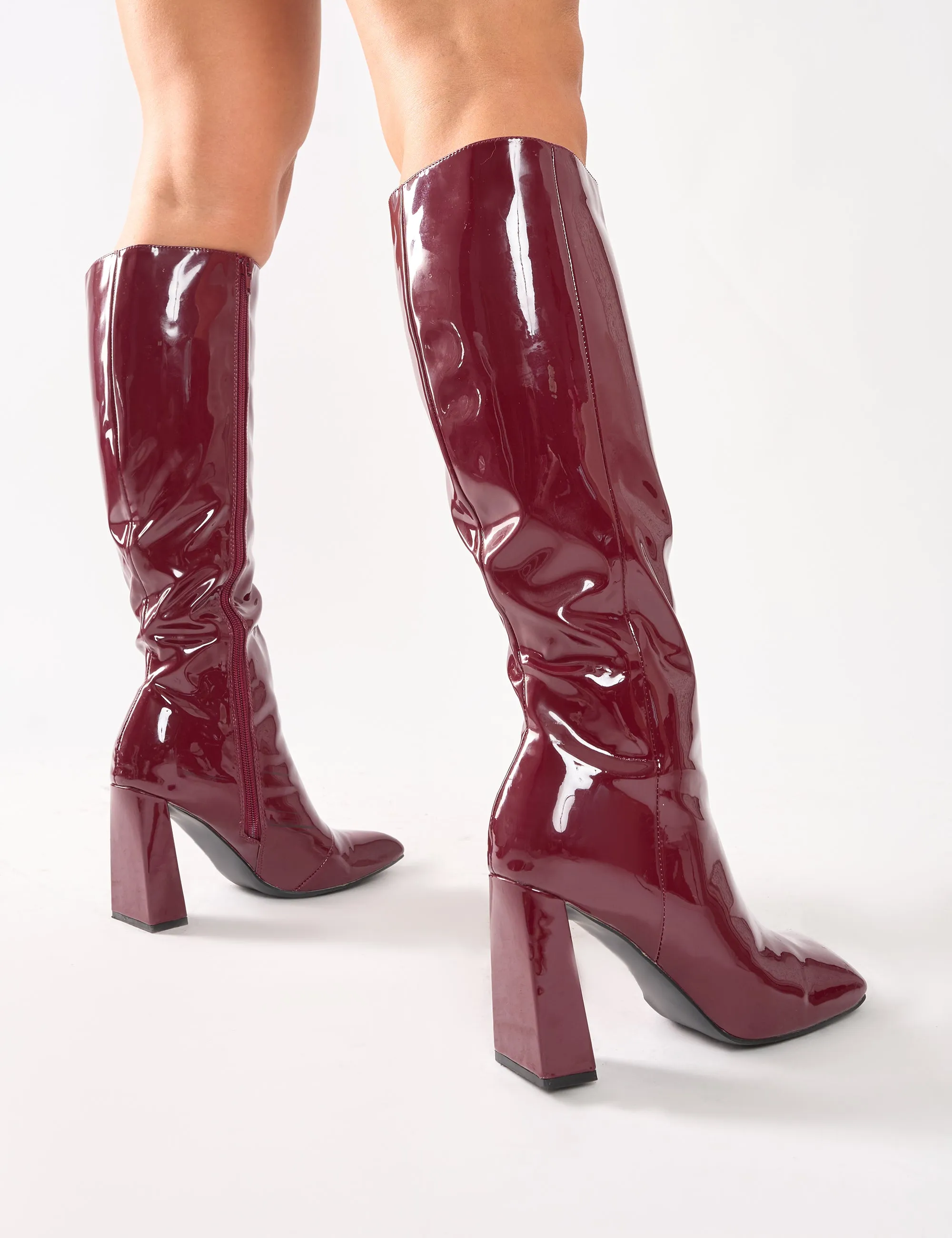 Zoya Burgundy Patent Slant Toe Block Heel Knee High Sock Boots